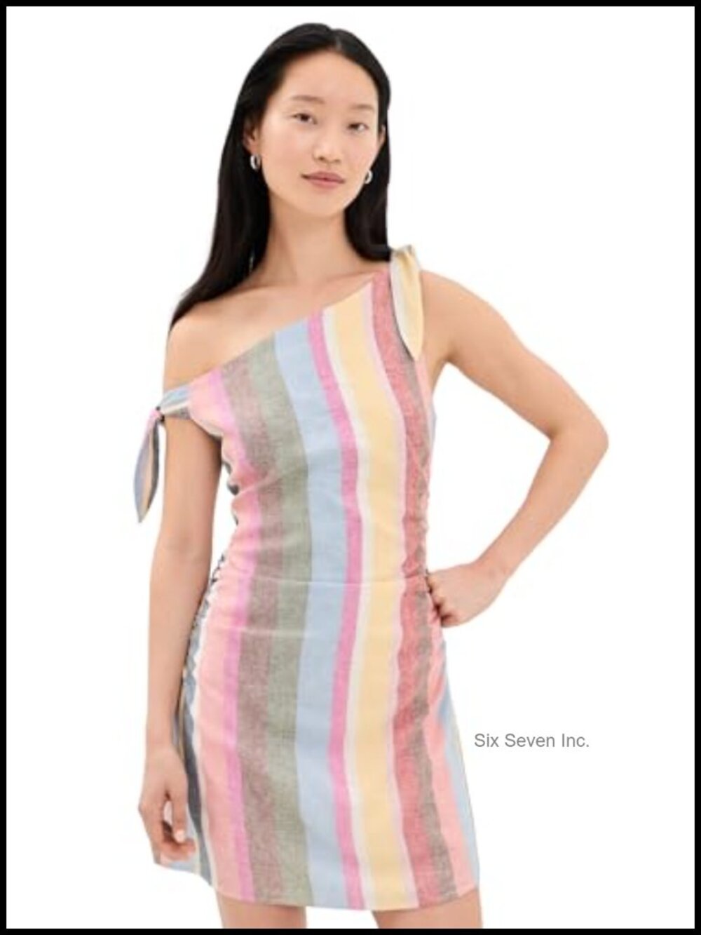 WAYF Bahia Mini Dress Sleeveless One Shoulder Ruched Linen Blend